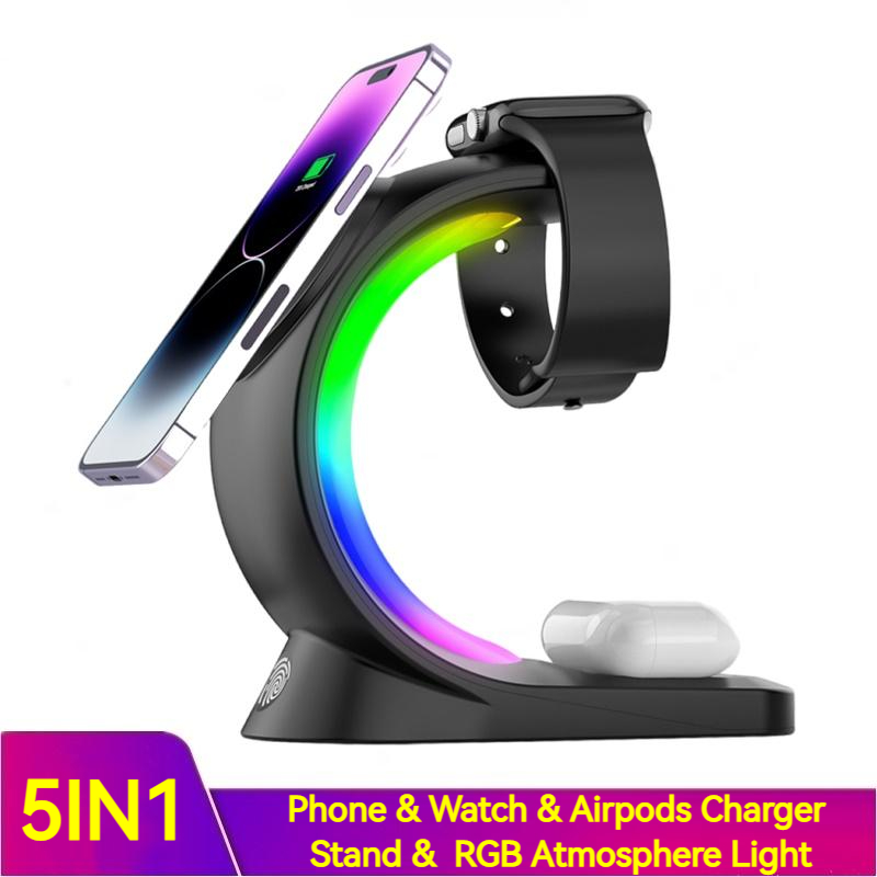 4 In 1 Magnetic Wireless Charger Fast Charging For Smart Phone Atmosphere Light Charging Station For Airpods Pro I-phone Watch Desers