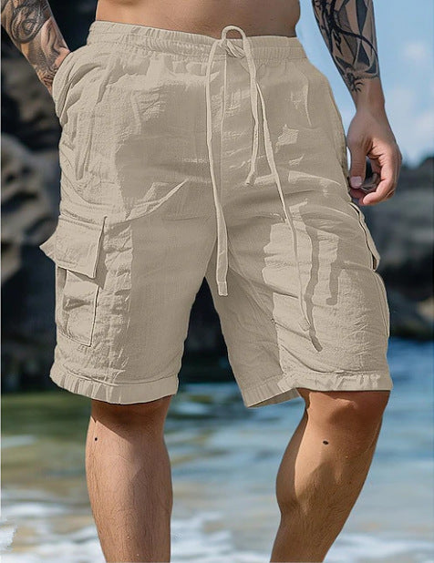 Cotton Linen Shorts Drawstring Elastic Waist Straight Leg Solid Color Breathable Beach Shorts San Remo Shops