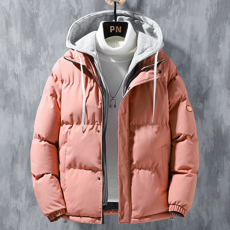 Fashion Hooded Jacket Men Winter Windproof Thickened Fake Two-piece Coat Solid Leisure Sports Cotton Jacket San Remo