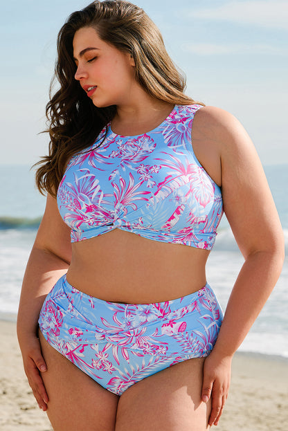 Sky Blue Plus Size Floral Print  High Waist Bikini Set