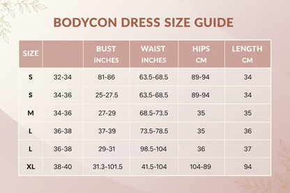 bodycon dress size chart S-XL