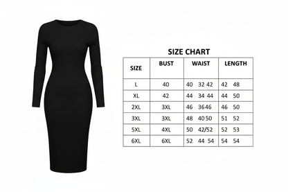 bodycon dress with long sleeves and mid-length Size Chart L- 6XL