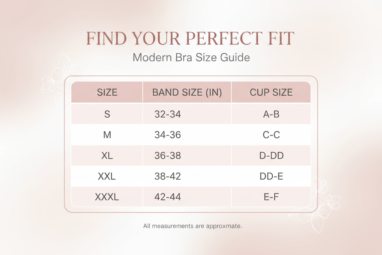 BRA SIZE CHART  S M L XL XXL XXXL