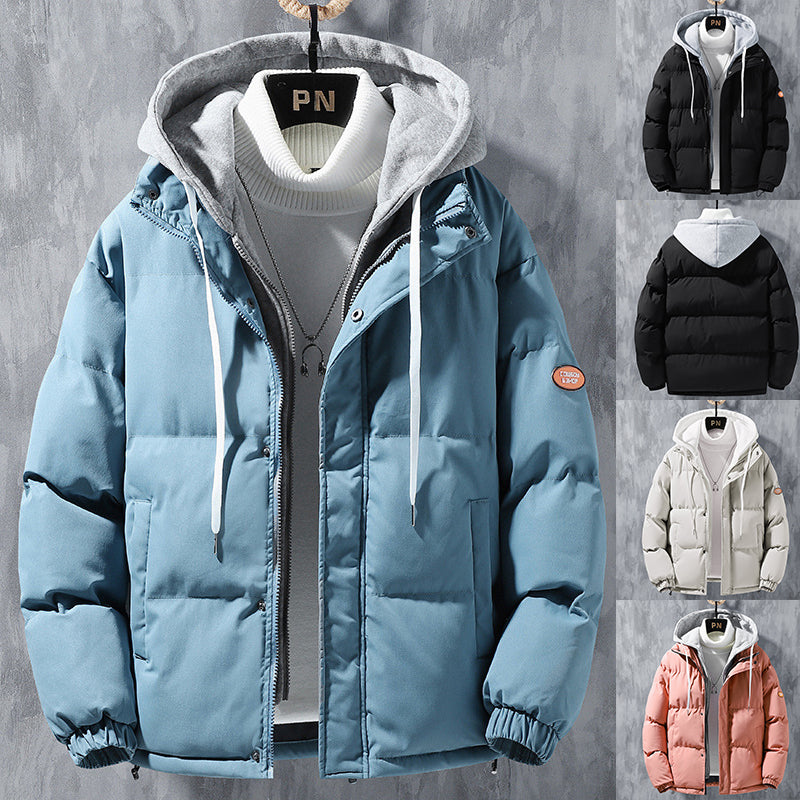 Fashion Hooded Jacket Men Winter Windproof Thickened Fake Two-piece Coat Solid Leisure Sports Cotton Jacket San Remo