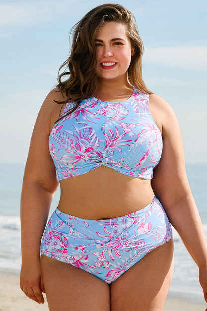 Sky Blue Plus Size Floral Print  High Waist Bikini Set