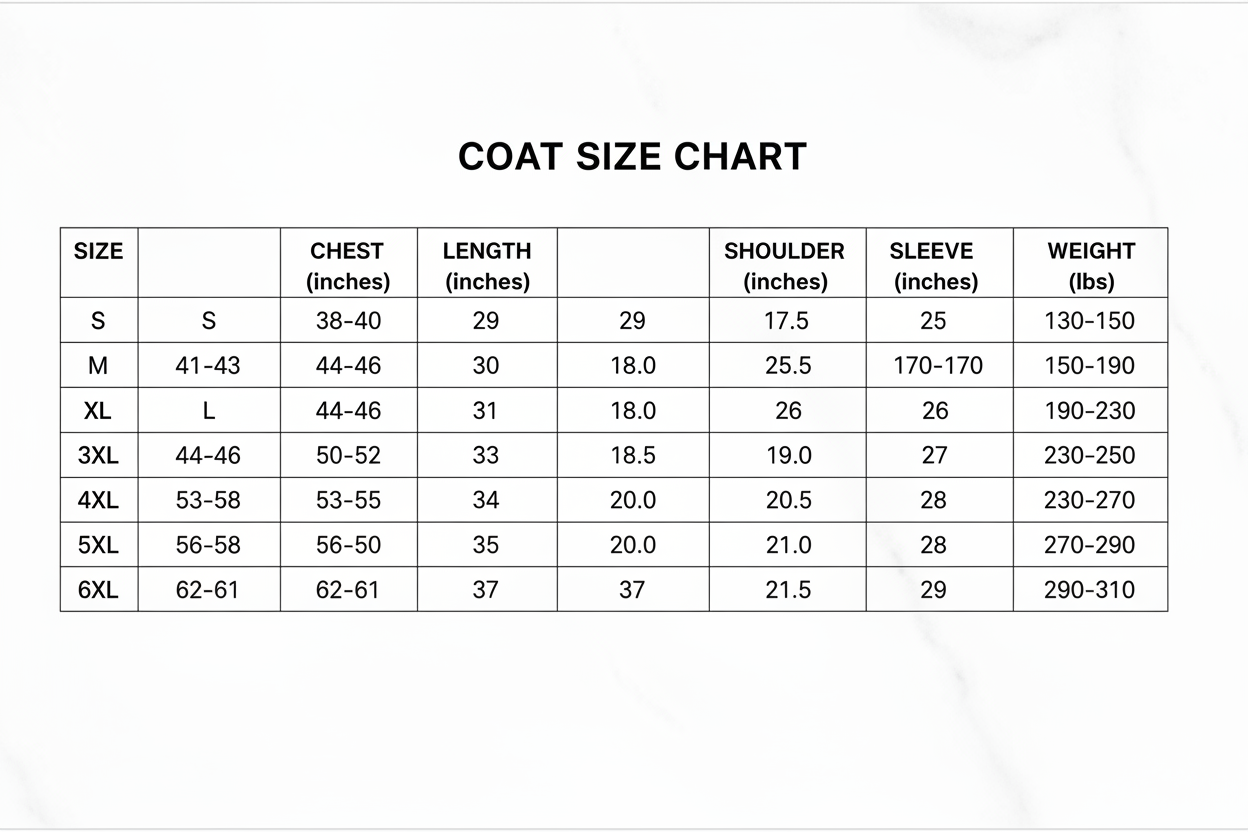 coat size chart includes wight Sto 6xl