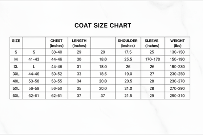 coat size chart includes wight Sto 6xl