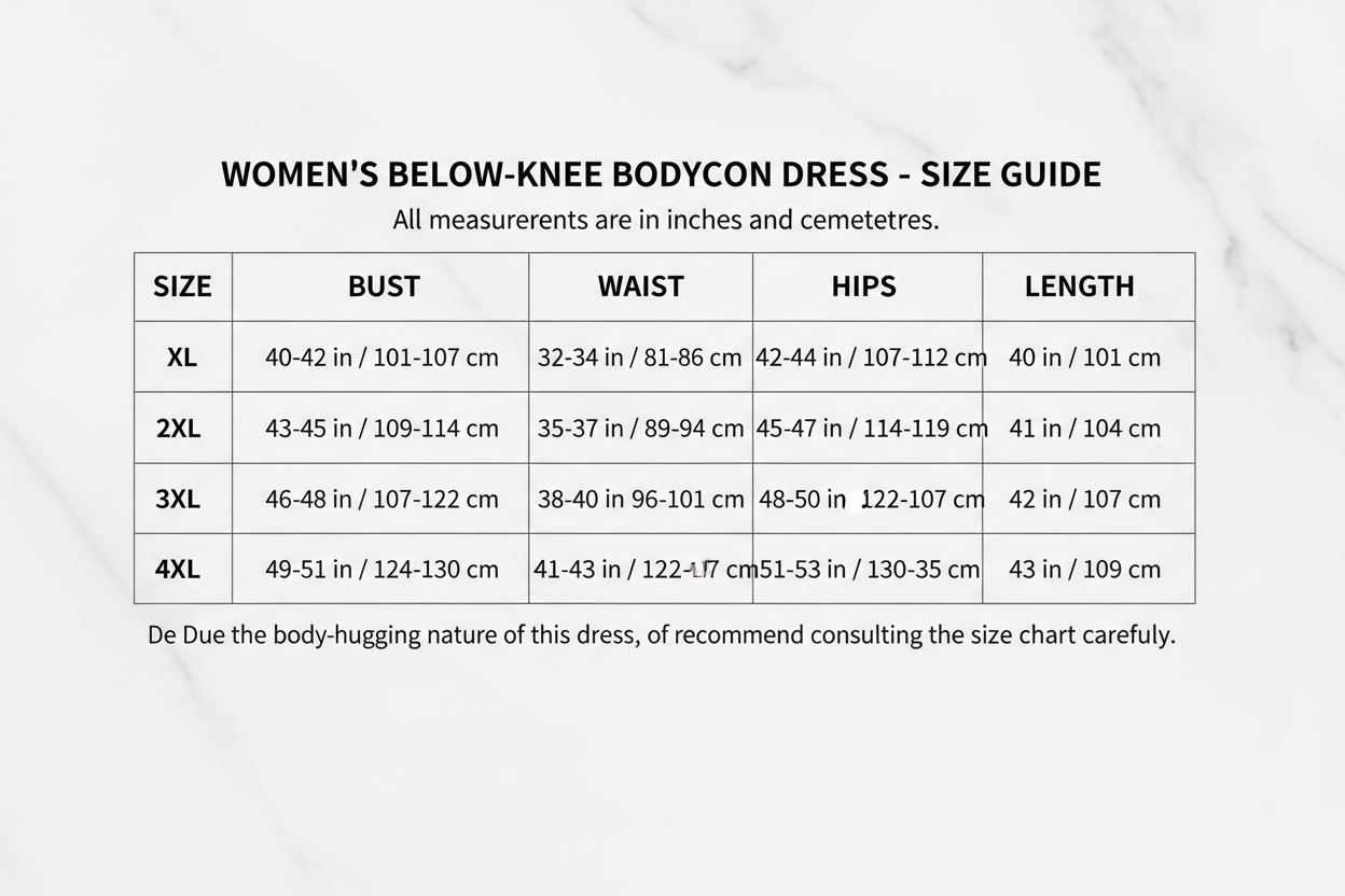  Dress below knee bodycon for women's size chart XL-4XL