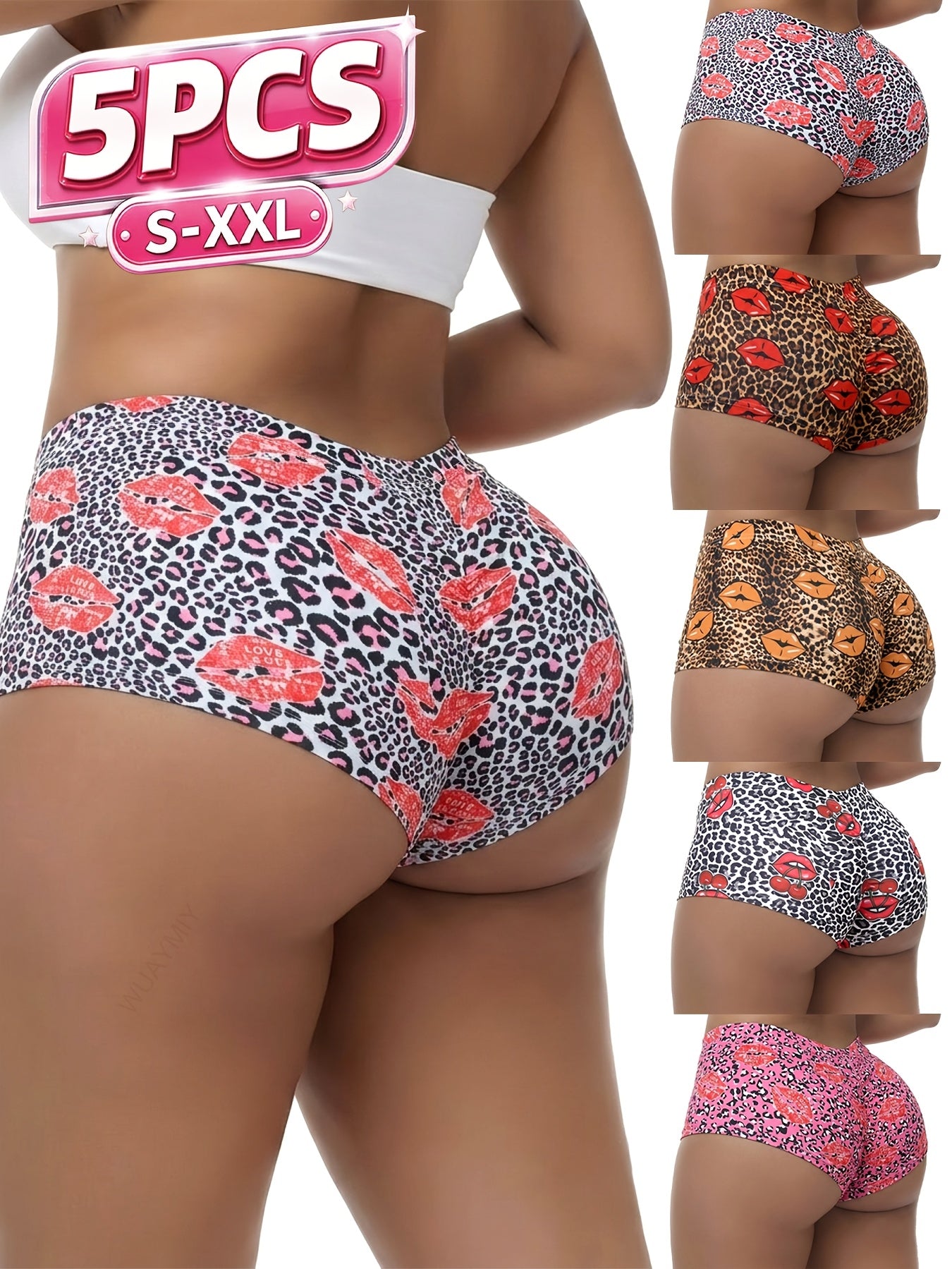 5pcs Set of Lip Print Leopard-Print Beach Shorts