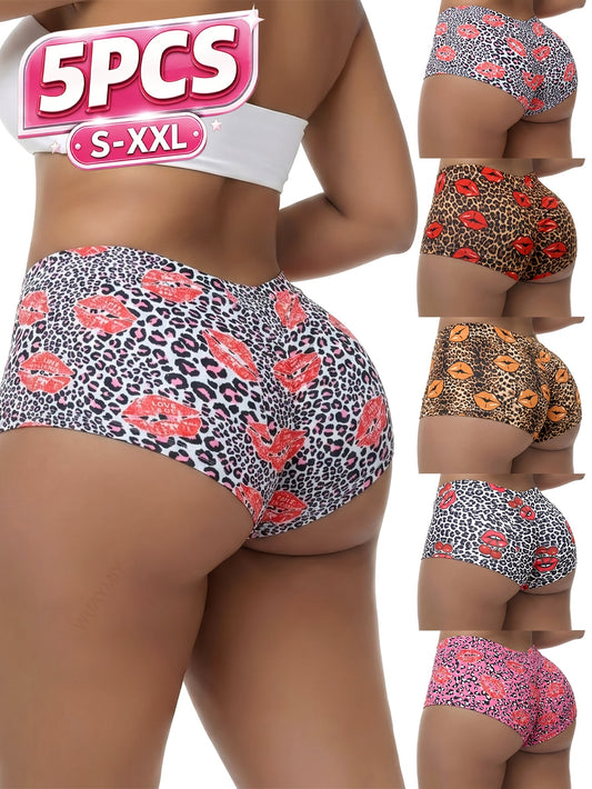 5pcs Set of Lip Print Leopard-Print Beach Shorts