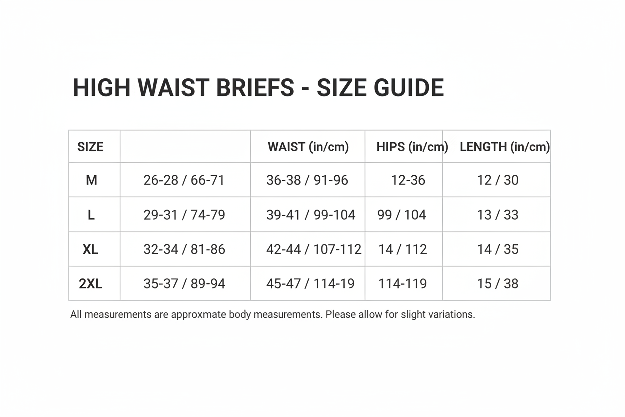 High Waist Briefs Stretchy Body Shaping Size Chart M-2XL