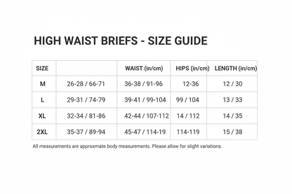 High Waist Briefs Stretchy Body Shaping Size Chart M-2XL