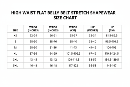 High Waist Flat Belly Belt Stretch Shapewear Size Chart XS-5XL