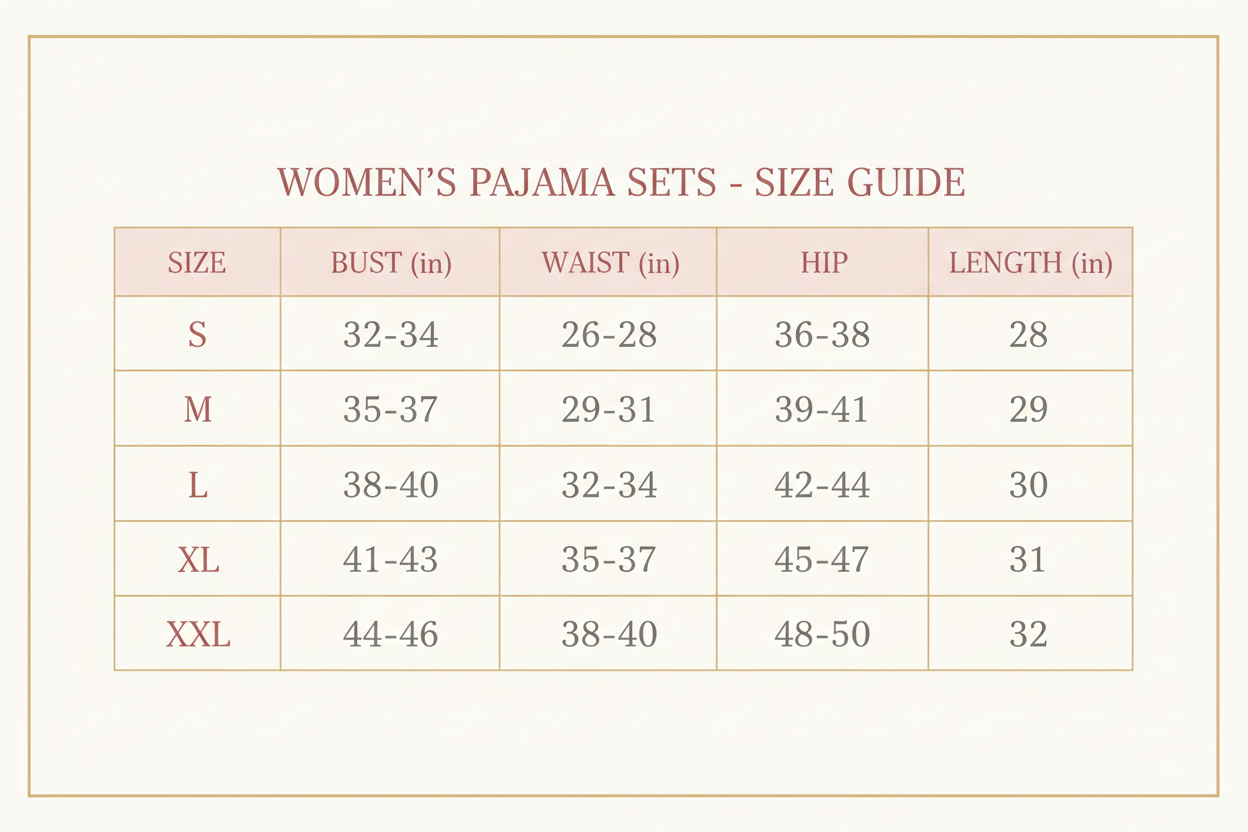 lady's Pajama Sets size chart S-XXL