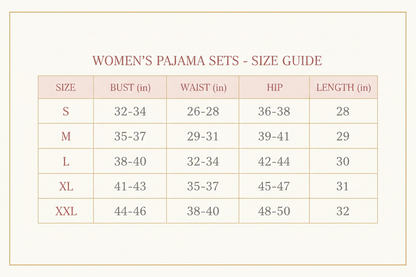 lady's Pajama Sets size chart S-XXL
