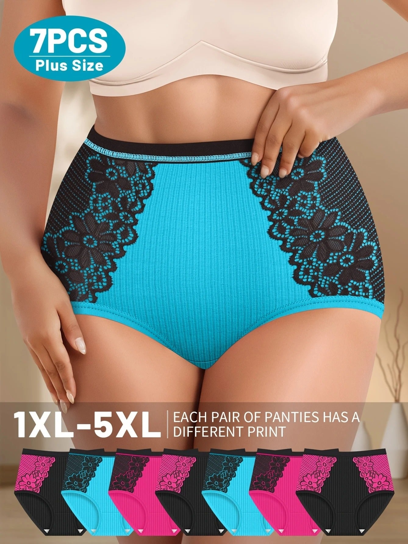 7pcs Plus Size Panties, High Waist