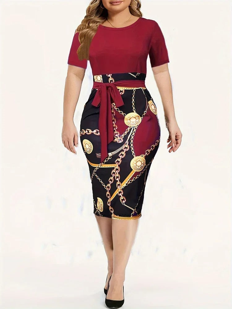 Short Sleeve Round Neck Slight Stretch Slim Fit Mini Dress with Belt