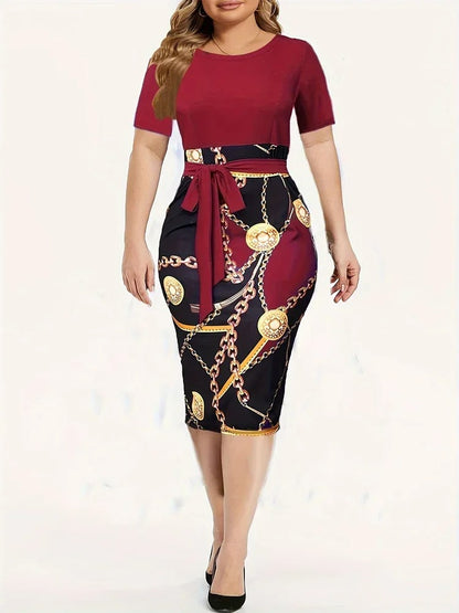 Short Sleeve Round Neck Slight Stretch Slim Fit Mini Dress with Belt