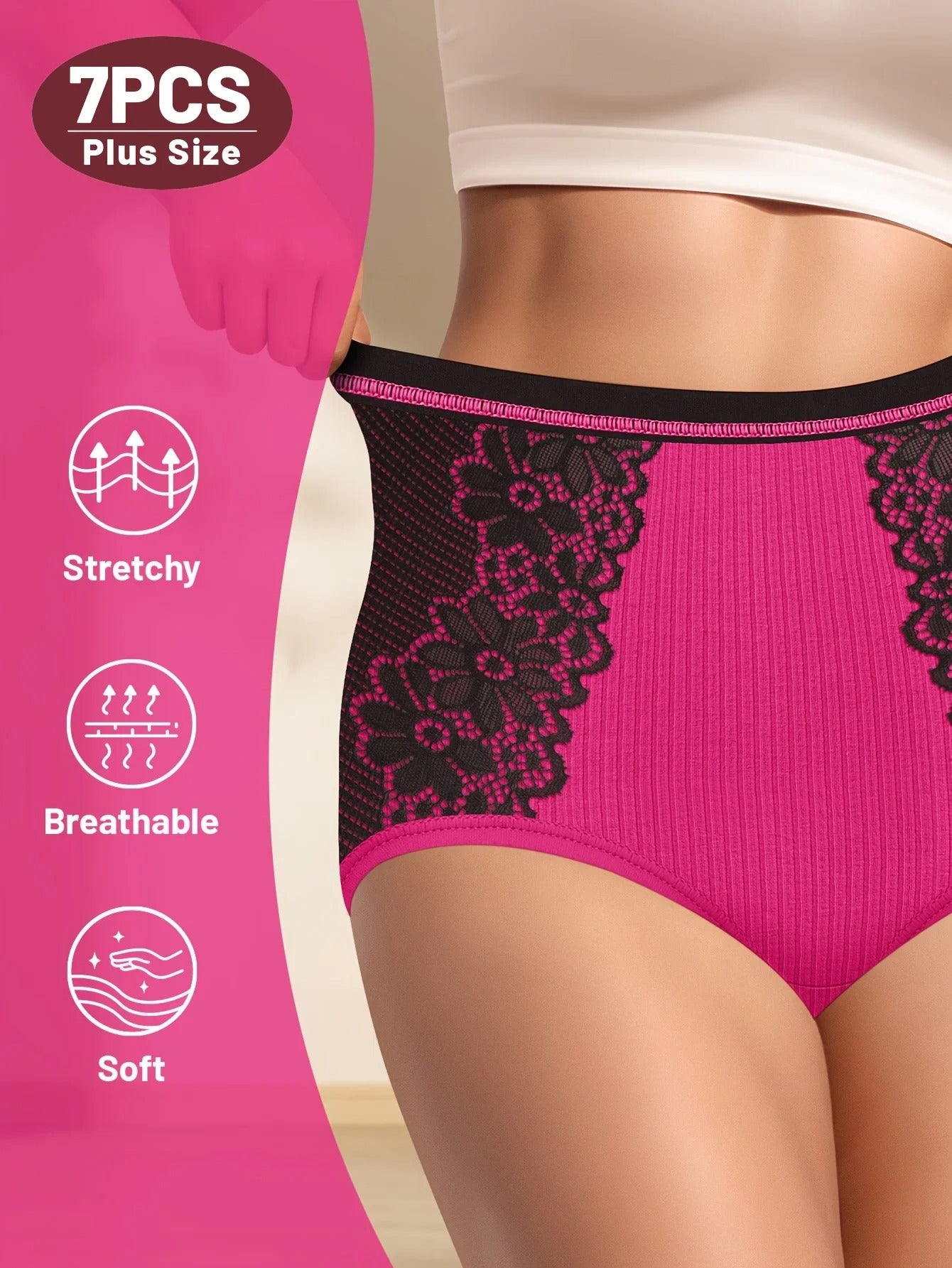 7pcs Plus Size Panties, High Waist
