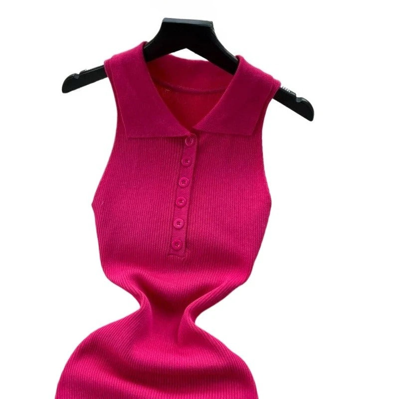 Sleeveless Polo Collar Button Front Stretchy