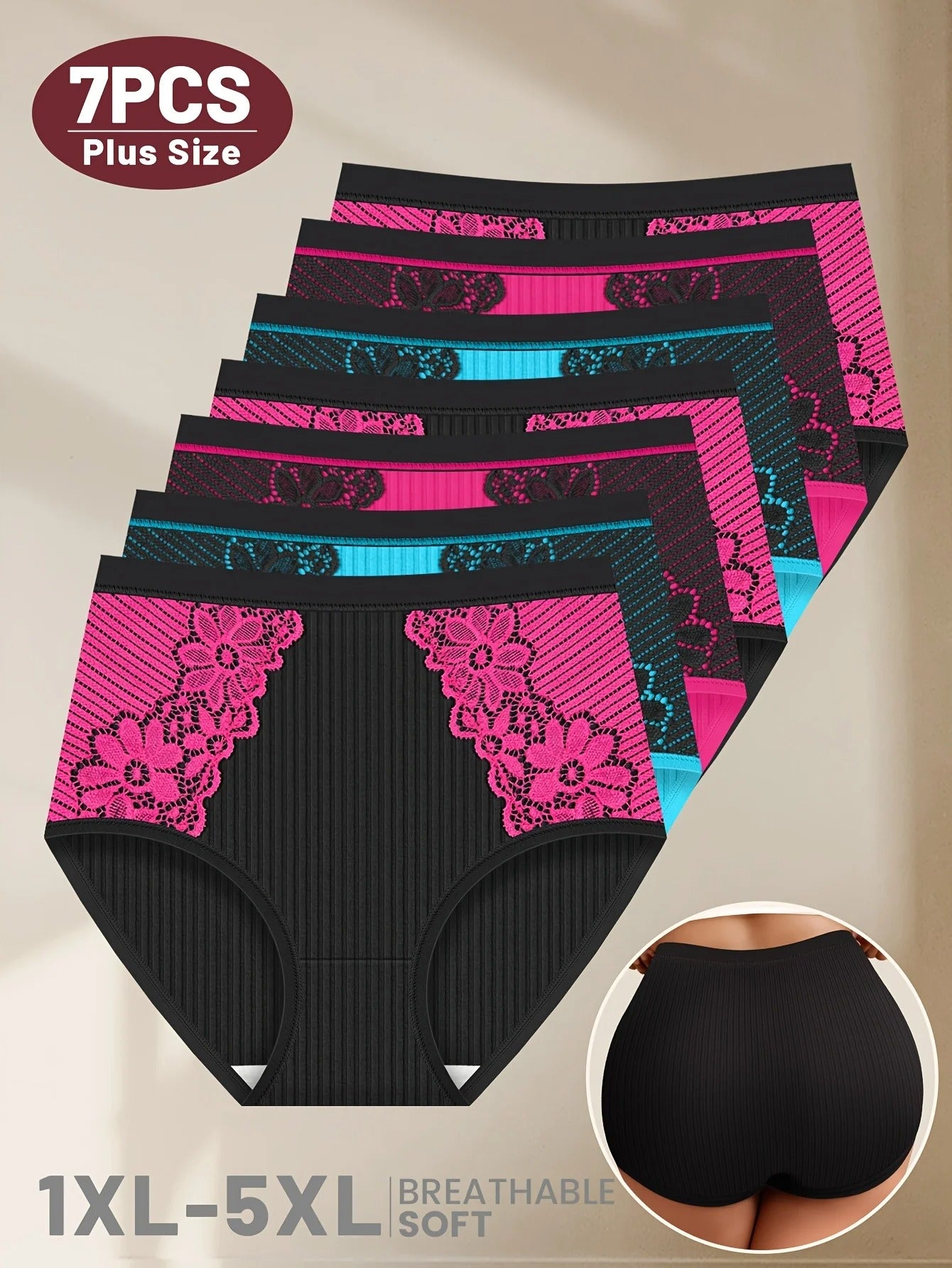 7pcs Plus Size Panties, High Waist