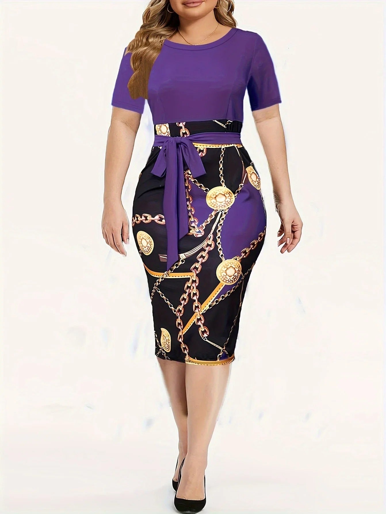 Short Sleeve Round Neck Slight Stretch Slim Fit Mini Dress with Belt