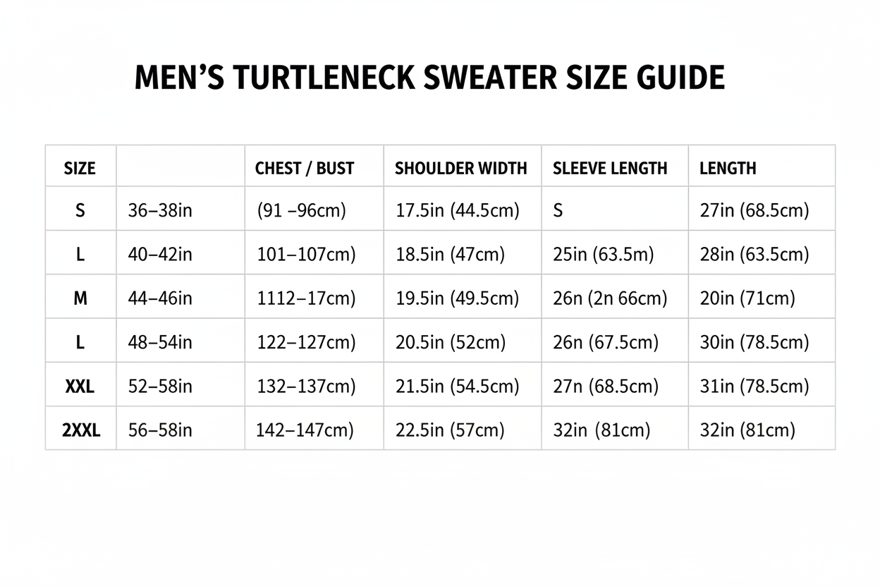 Male Casual Slim Fit Basic Turtleneck High Collar Size Chart S -2XXL