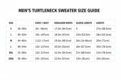 Male Casual Slim Fit Basic Turtleneck High Collar Size Chart S -2XXL