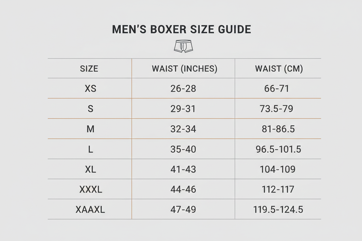 Men's boxer Size Chart XS-S-M-L-XL-XXL-XXXL-XXXXL