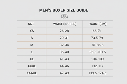 Men's boxer Size Chart XS-S-M-L-XL-XXL-XXXL-XXXXL