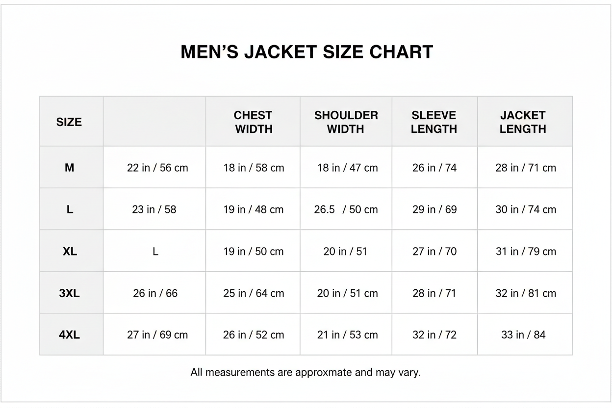  Men's Jackets Sze Chart M- 4XL