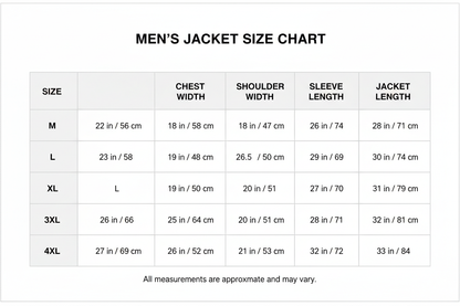  Men's Jackets Sze Chart M- 4XL