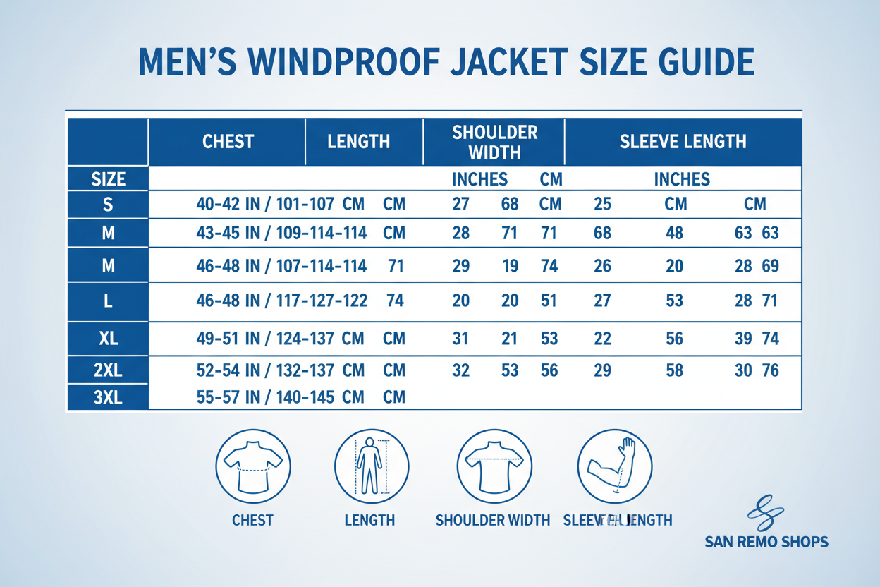 Men's Jackets Windproof Size Chart S-3xl