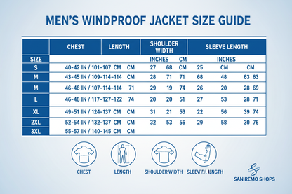 Men's Jackets Windproof Size Chart S-3xl