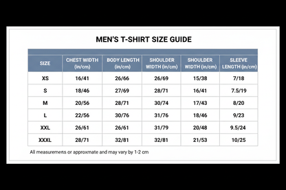 men's T-shirt Size chart