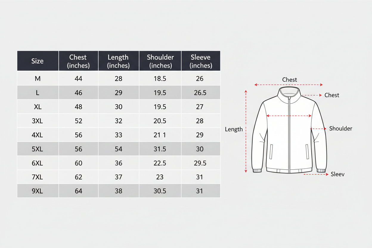 men's windbreaker Jacket Size Chart M-9XL