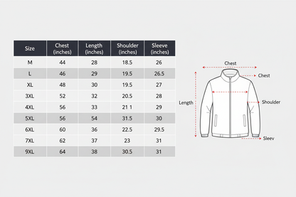 men's windbreaker Jacket Size Chart M-9XL