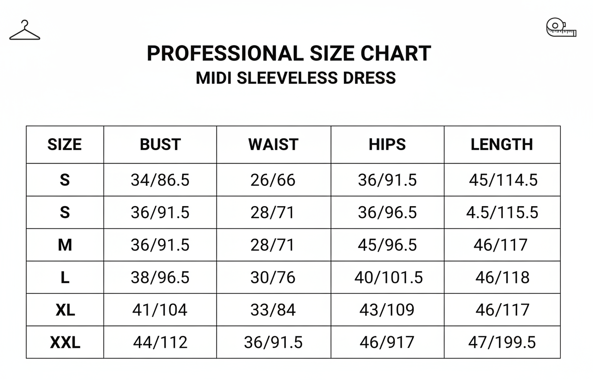 Midi slaveless dress Size Chart S-XXL