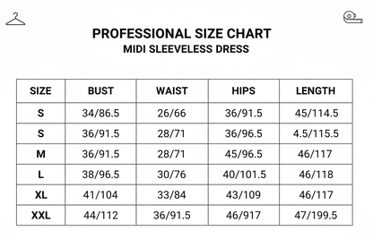 Midi slaveless dress Size Chart S-XXL