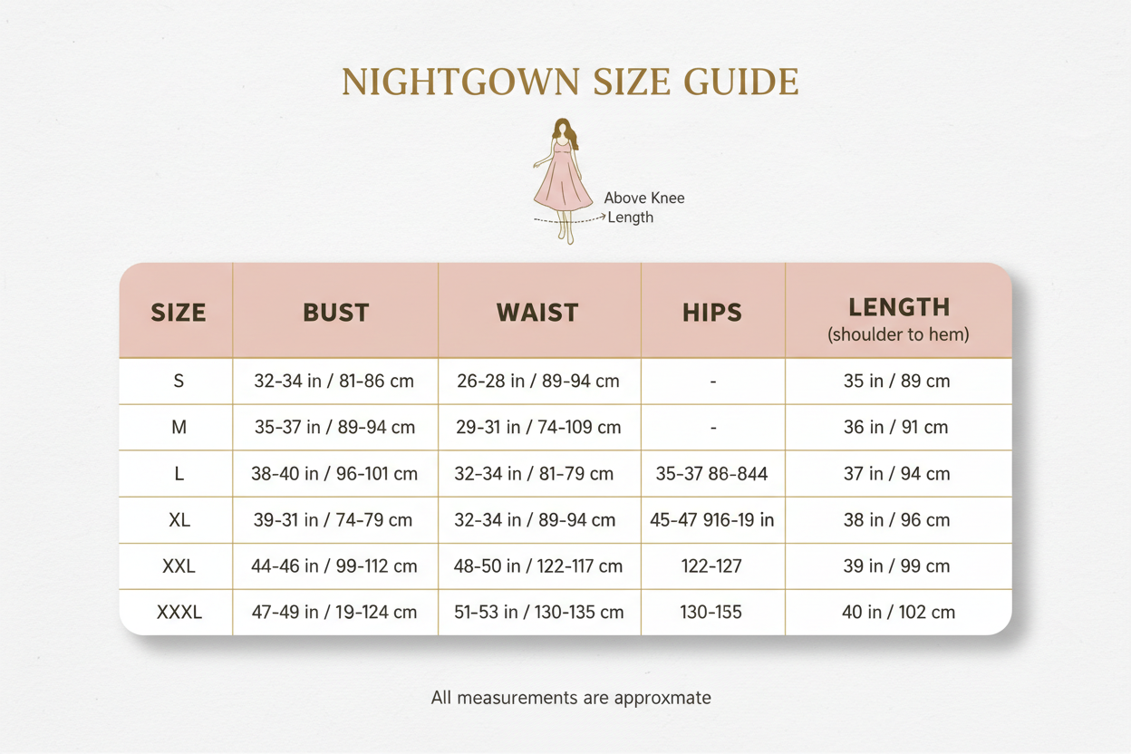  Nightgown above knee Size Chart S-XXXL