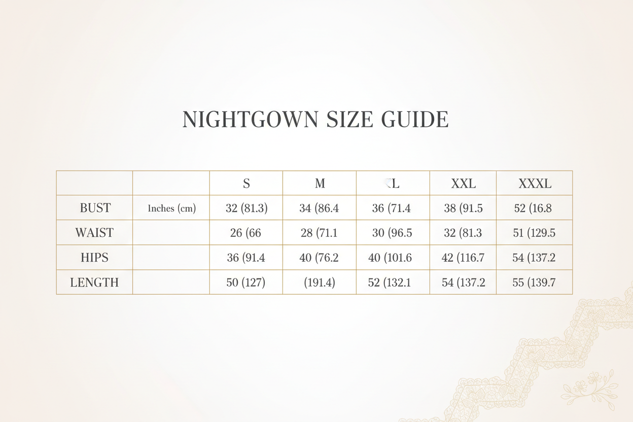  nightgown Size Chart S-M-L-XL-XXL-XXXL 