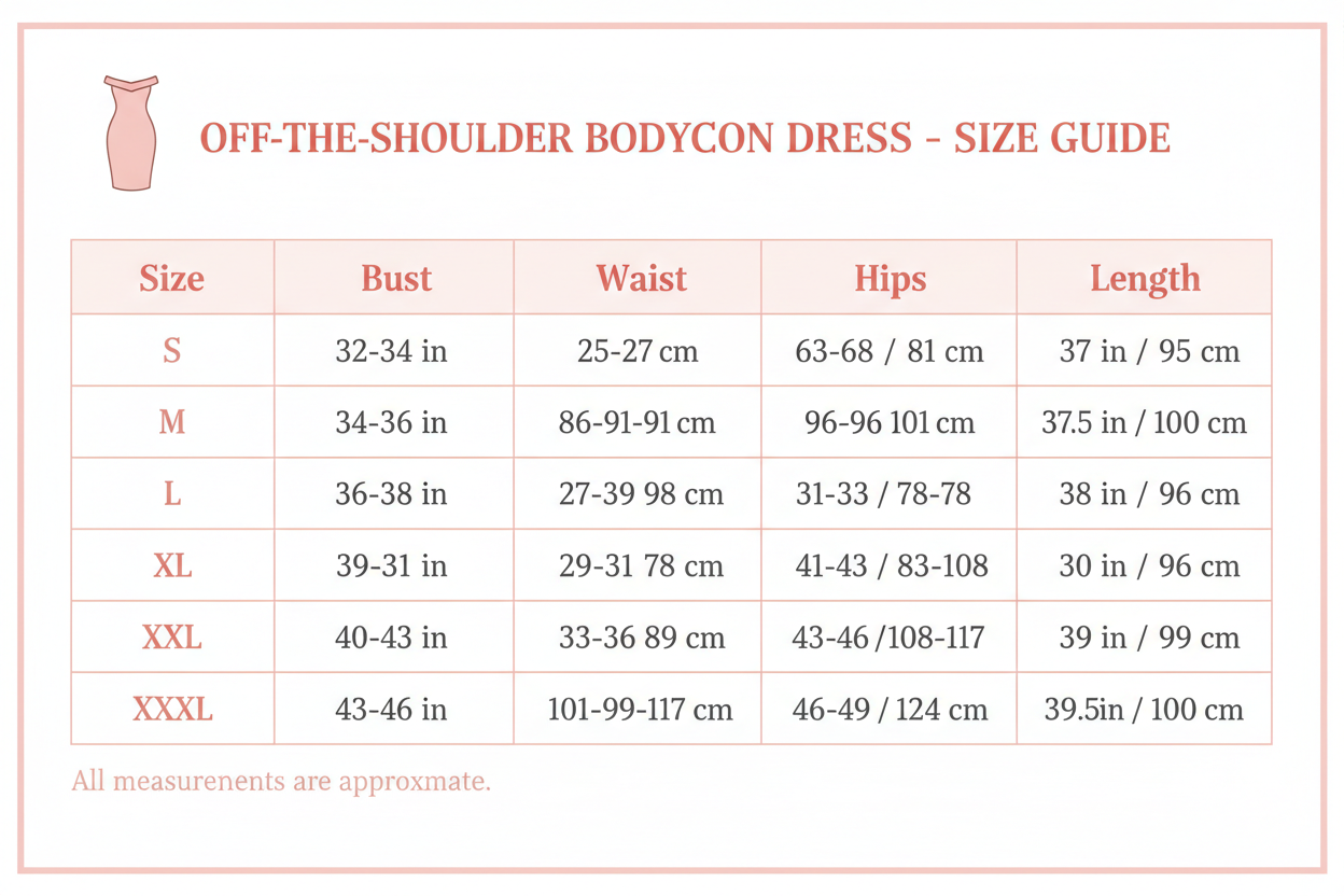 Off The Shoulder Knee length bodycon Dress Sze Chart S-XXXL