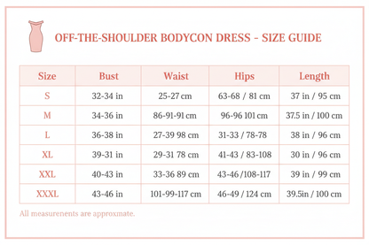 Off The Shoulder Knee length bodycon Dress Sze Chart S-XXXL