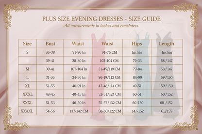 Plus Size Women Evening Dresses Size Chart S-XXXXL