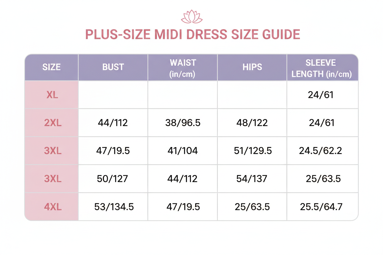 plus-size women's  midi dress long sleeve xl-4xl size chart