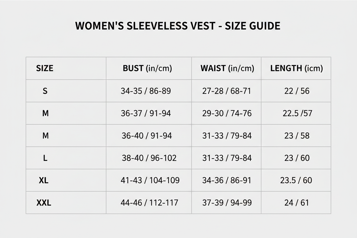 S-XXL Women's Sleeveless Vest Size chart