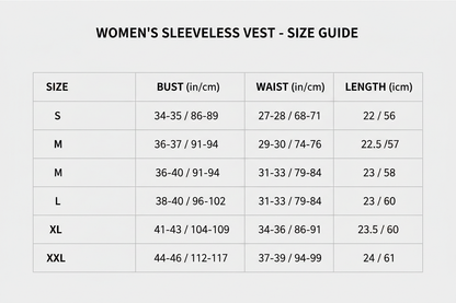 S-XXL Women's Sleeveless Vest Size chart