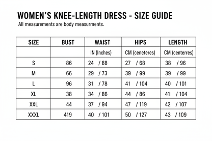 S-XXXL Knee Dress Size Chart