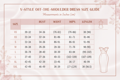 Size chart for V style off-the-shoulder fitted dress with a tight waist