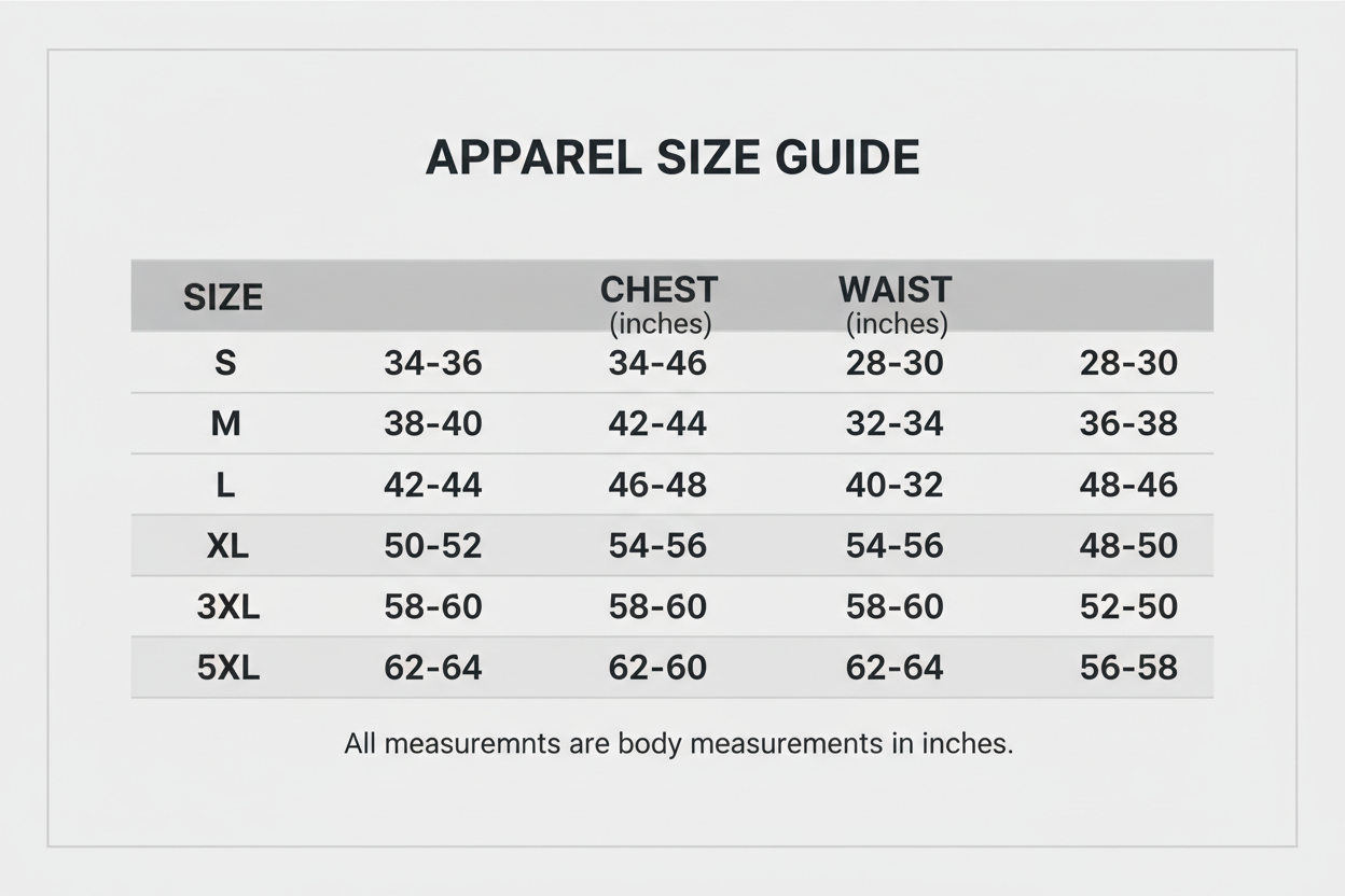  Size: S, M, L, XL, 2XL, 3XL, 4XL, 5XL
 